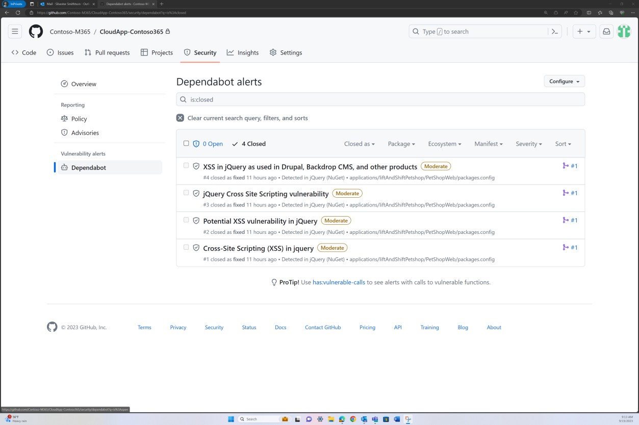 Оповещения GitHub для dependabot с 4 открытыми оповещениями с метками средней серьезности.