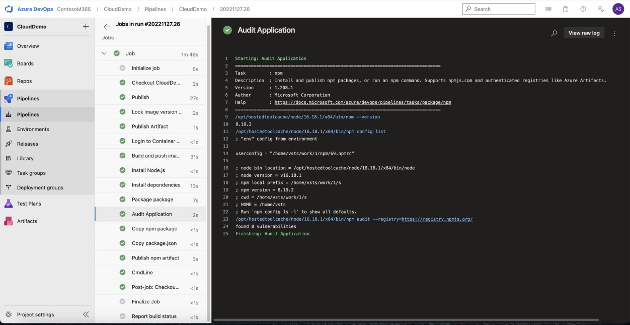 Azure результаты выполнения приложения аудита DevOps Pipelines.