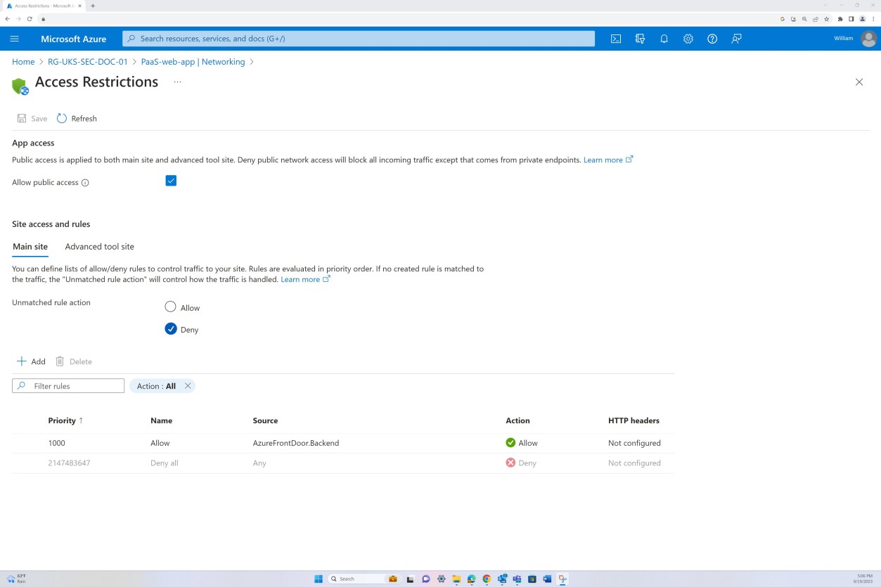 Azure ограничения доступа, включая доступ к приложениям, доступ к сайту и правила, с фильтрами для приоритетов, действий и http-заголовков.