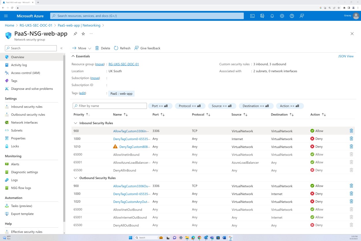 Azure общие сведения о сети Paas-NSG-web-app с указанными правилами безопасности для входящего и исходящего трафика.