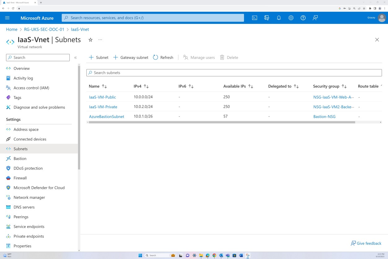 Azure подсети, IaaS-Vnet подсети с элементами строки Public, Private и AzureBastionSubnet.