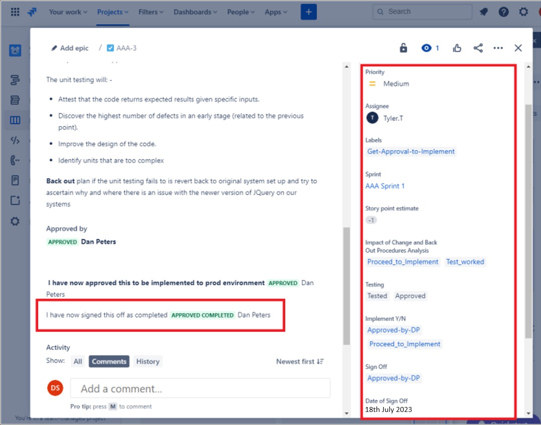 Jira билет добавить эпический экран с Дэн Питерс подписать, как утверждено завершено. Приоритет — средний, а сведения о билете выделены.