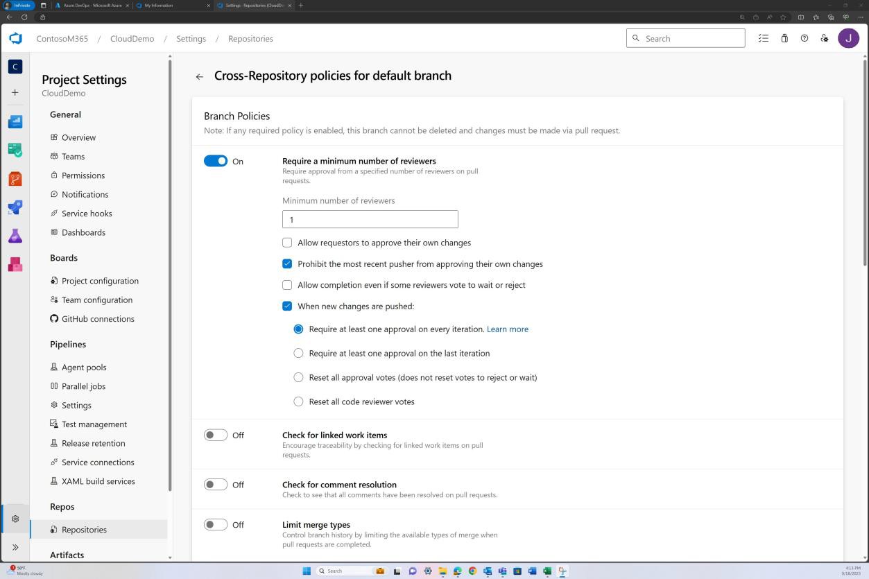 Azure параметров проекта DevOps политики ветвей репозиториев, для которых требуется минимальное количество проверяющих.