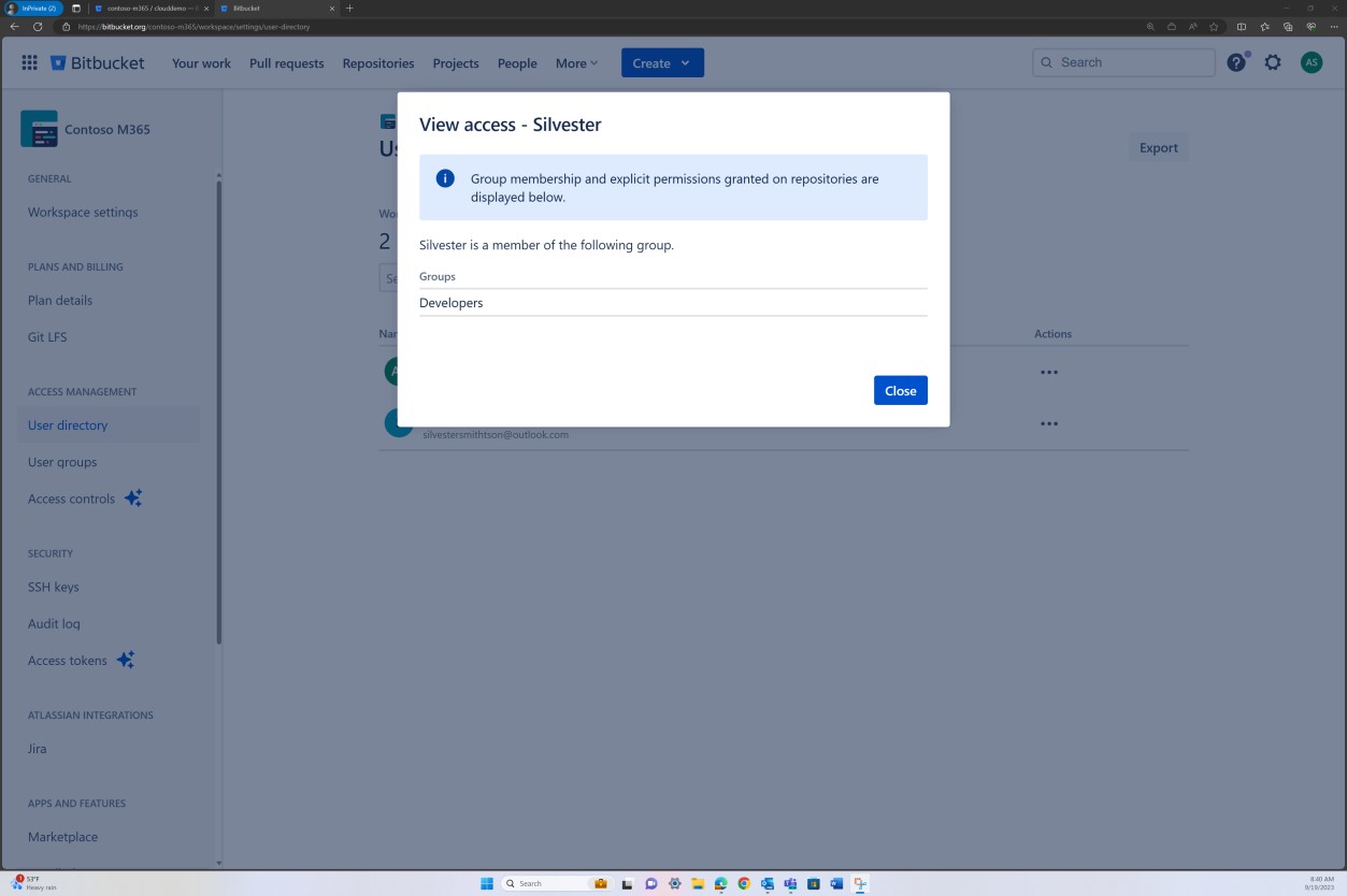 Доступ к представлению пользовательского каталога Bitbucket для Silvester.