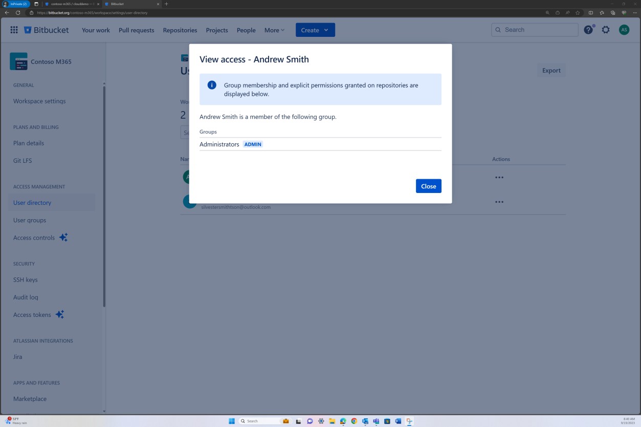 Доступ к пользовательскому каталогу Bitbucket для Эндрю Смита.