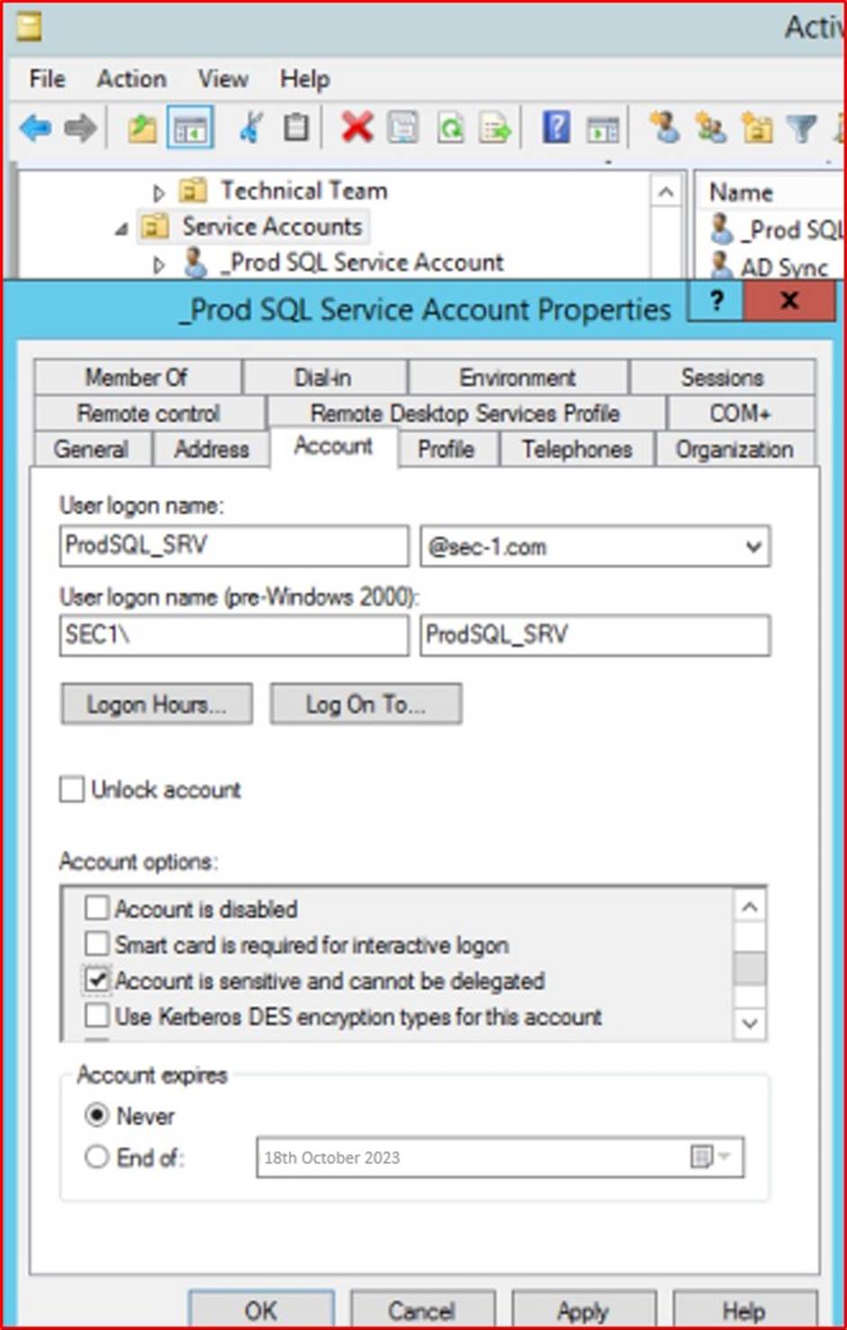 Панель свойств учетной записи службы SQL PROD.