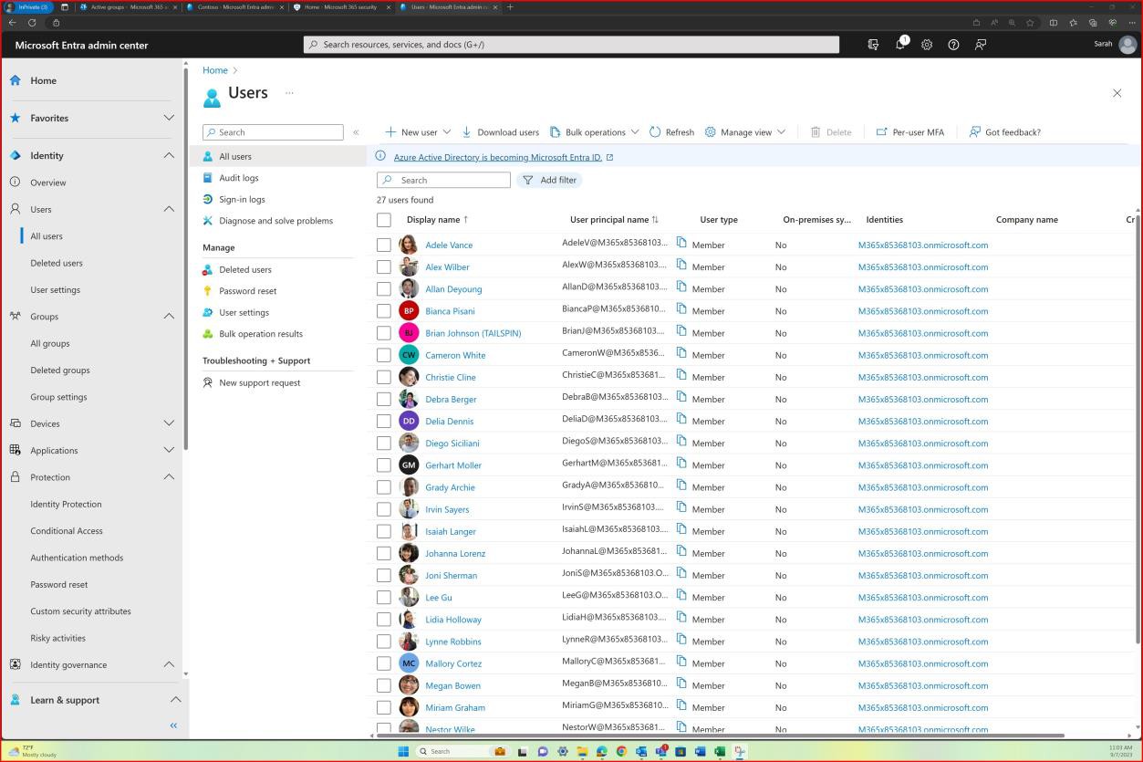 Центр администрирования Microsoft Entra список всех пользователей с 27 найденными пользователями.