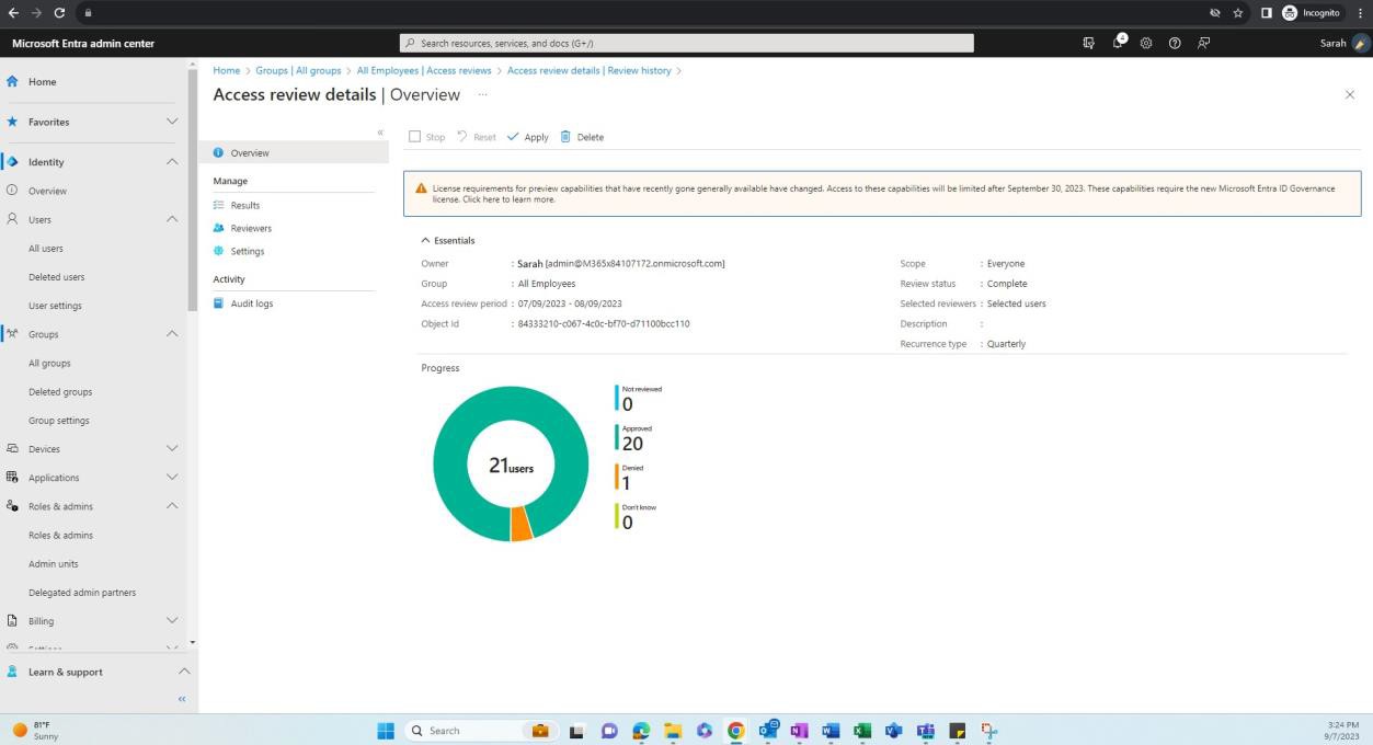 Центр администрирования Microsoft Entra сведения о проверках доступа с круговой диаграммой хода выполнения.
