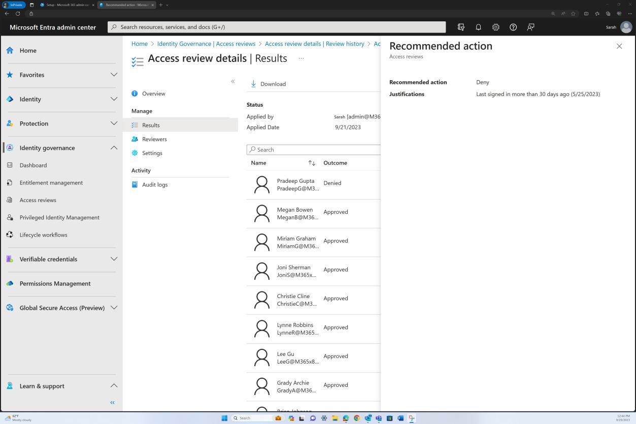 Центр администрирования Microsoft Entra всплывает рекомендуемое действие проверки доступа.