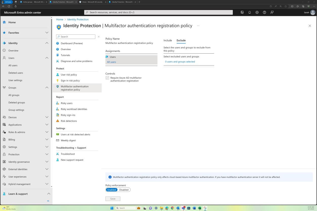 Центр администрирования Microsoft Entra имя политики MFA защиты идентификации.