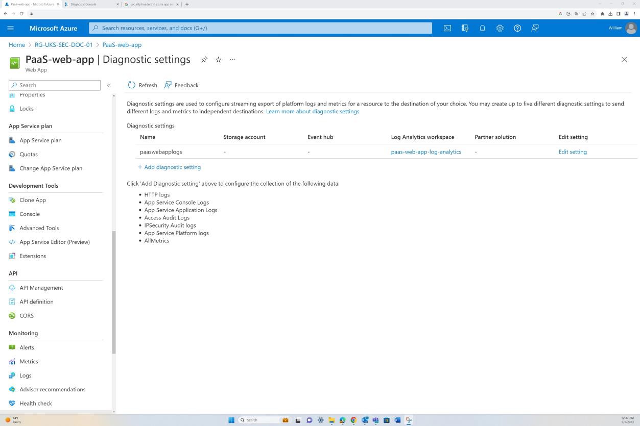 Целевая страница параметров диагностики приложений Microsoft Azure.