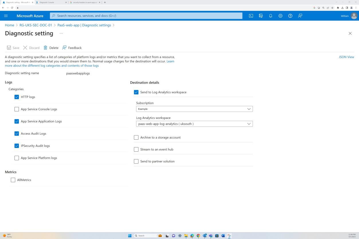 Microsoft Azure параметры диагностики приложений журналы и параметры сведений о назначении.