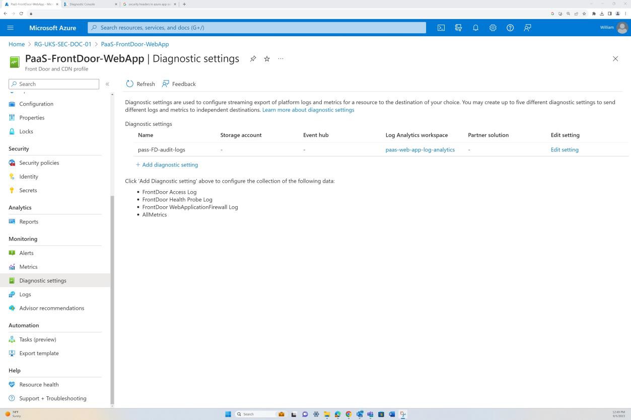 Обзор параметров диагностики приложений Microsoft Azure для PaaS-FrontDoor-WebApp.
