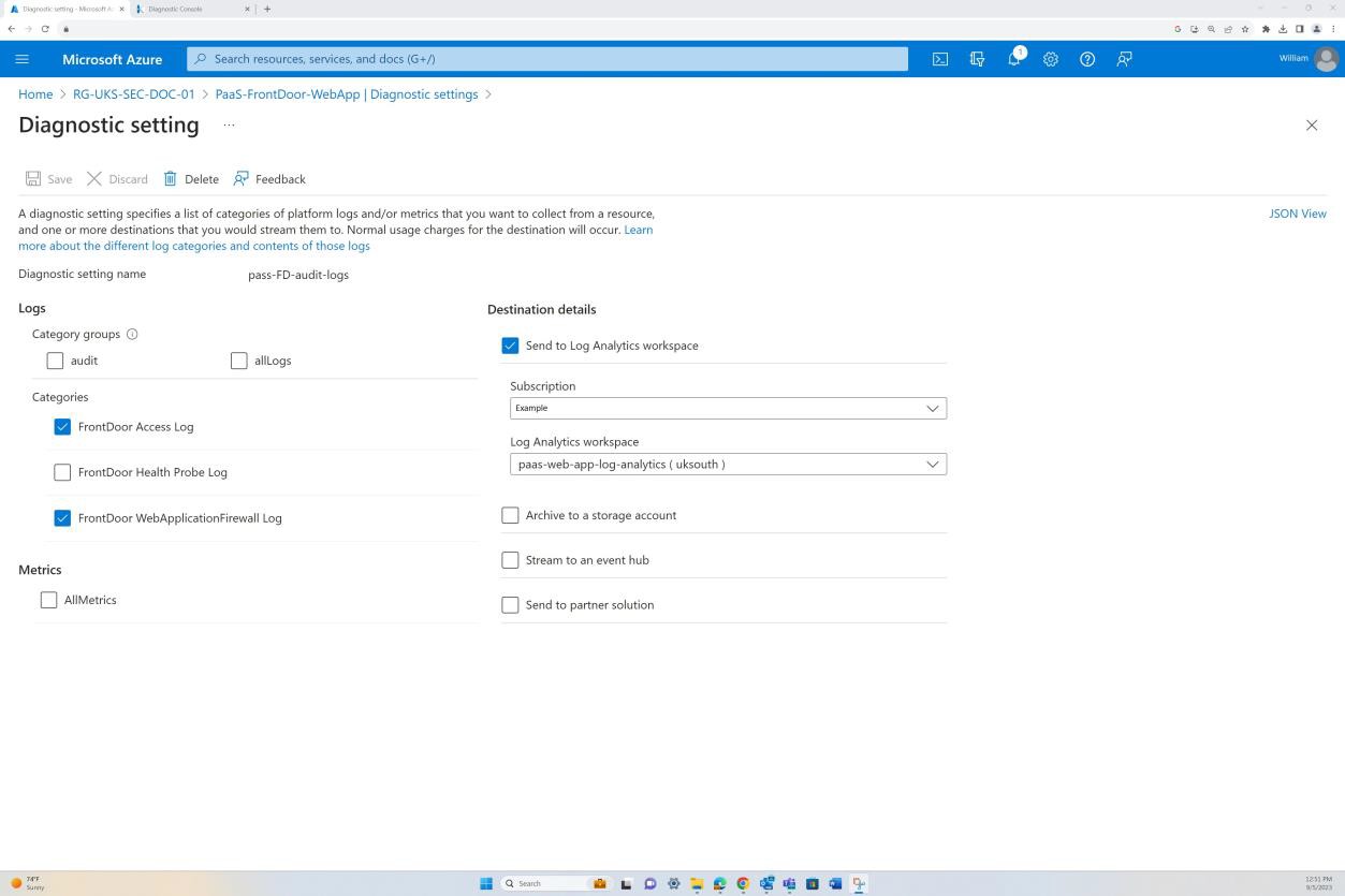 Microsoft Azure параметры диагностики приложений с параметрами журналов и метрик.