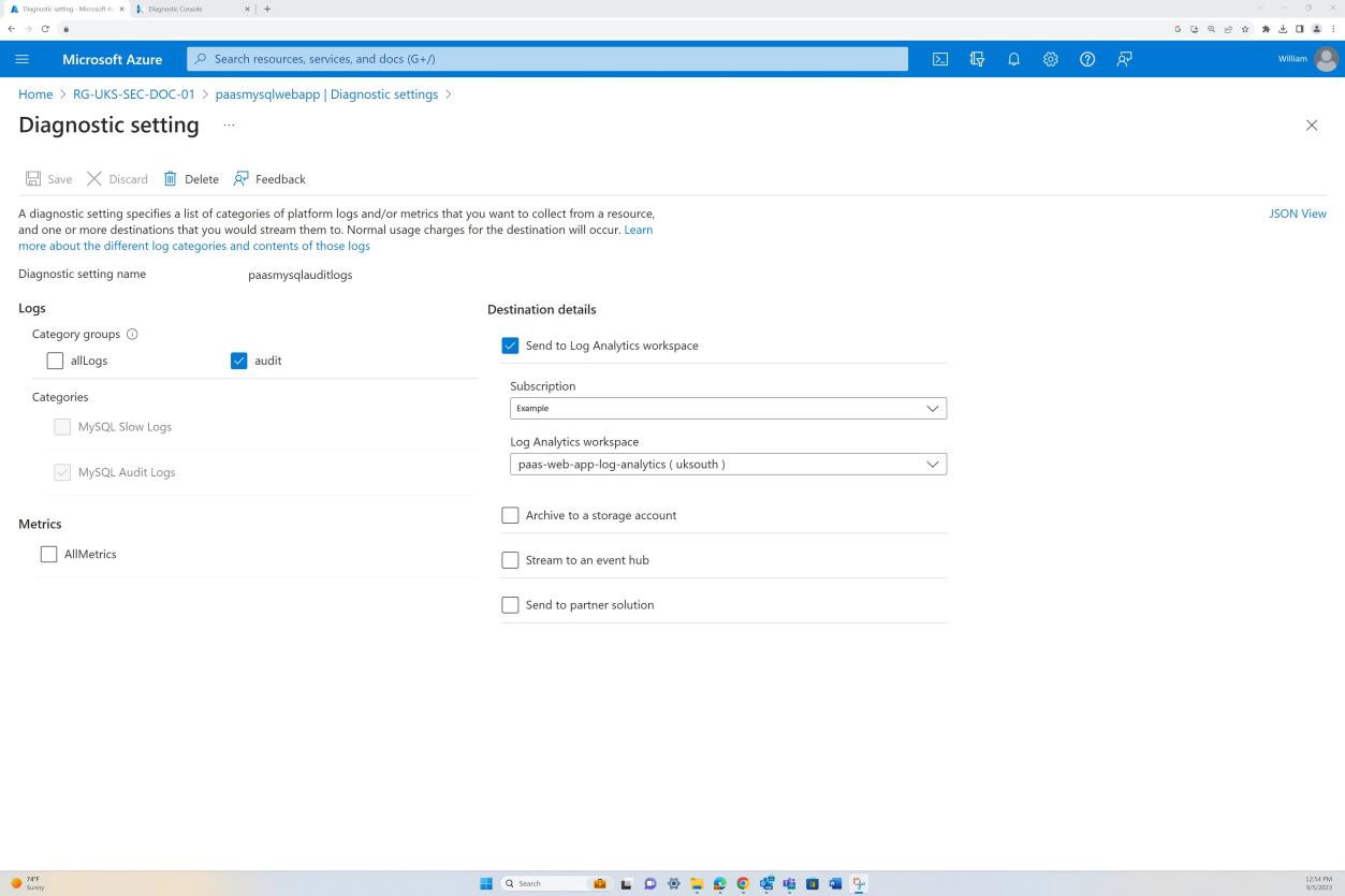 Microsoft Azure параметры диагностики приложений со сведениями о назначении.
