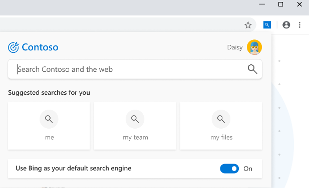 Снимок экрана: всплывающий элемент Поиска (Майкрософт) в Chrome с предложенными поисковыми запросами и вариантом использования Bing в качестве поисковой системы по умолчанию.