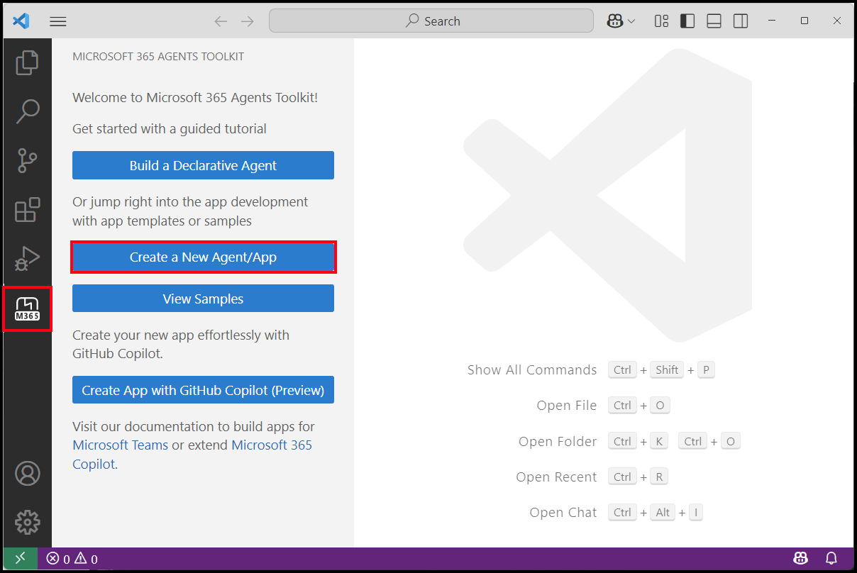 Starting page of Agents Toolkit extension