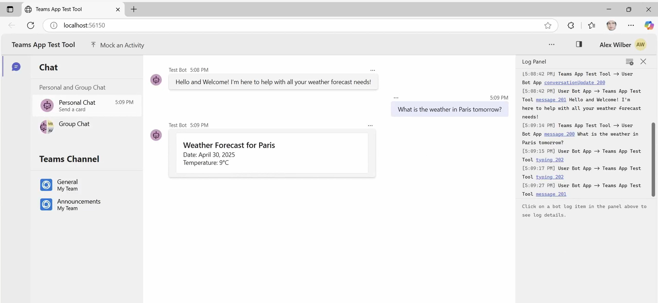 Teams App Test Tool with adaptive card in chat