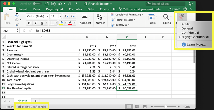 Метки конфиденциальности на ленте и в строке состояния Excel.