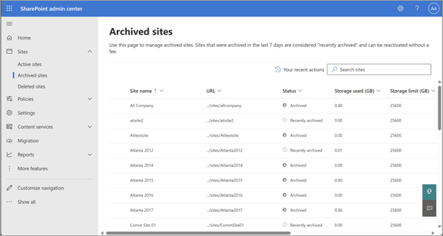Снимок экрана: страница архивных сайтов в Центре администрирования SharePoint.