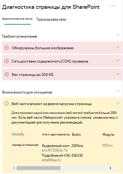 Результаты средства диагностики страниц.