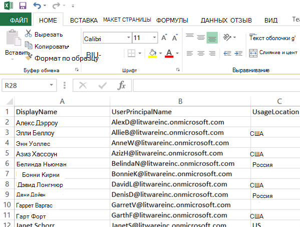 Пример таблицы, импортированной на лист Excel для пользовательских данных Skype для бизнеса Online, которые были сохранены в файле значений, разделенных запятыми.