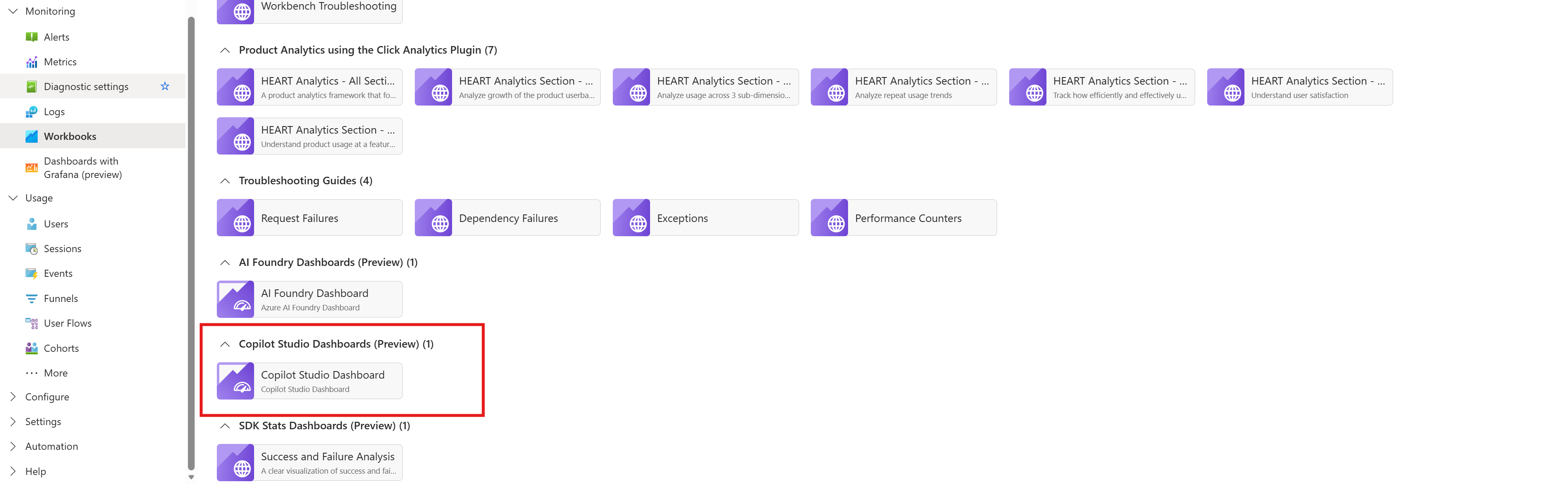 Снимок экрана коллекции книг Application Insights.