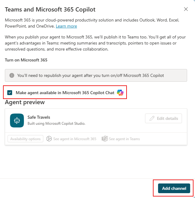 Снимок экрана панели конфигурации для канала Teams + Microsoft 365 в начальном состоянии с флажком, чтобы сделать агент доступным в Microsoft 365 Copilot.
