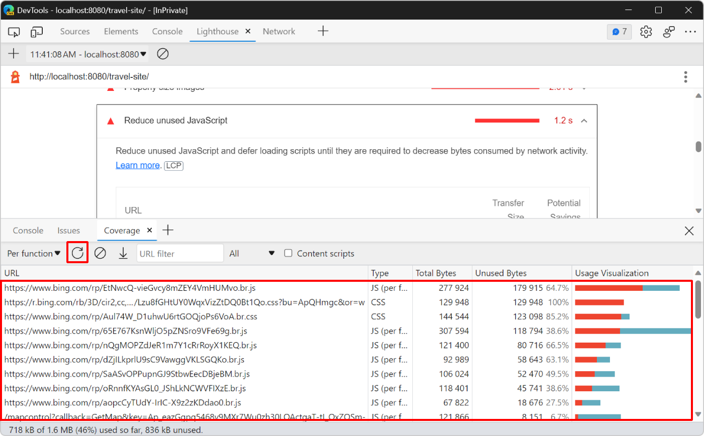 Средство покрытия на панели быстрого просмотра в нижней части devTools, показывающее отчет о том, сколько кода не используется