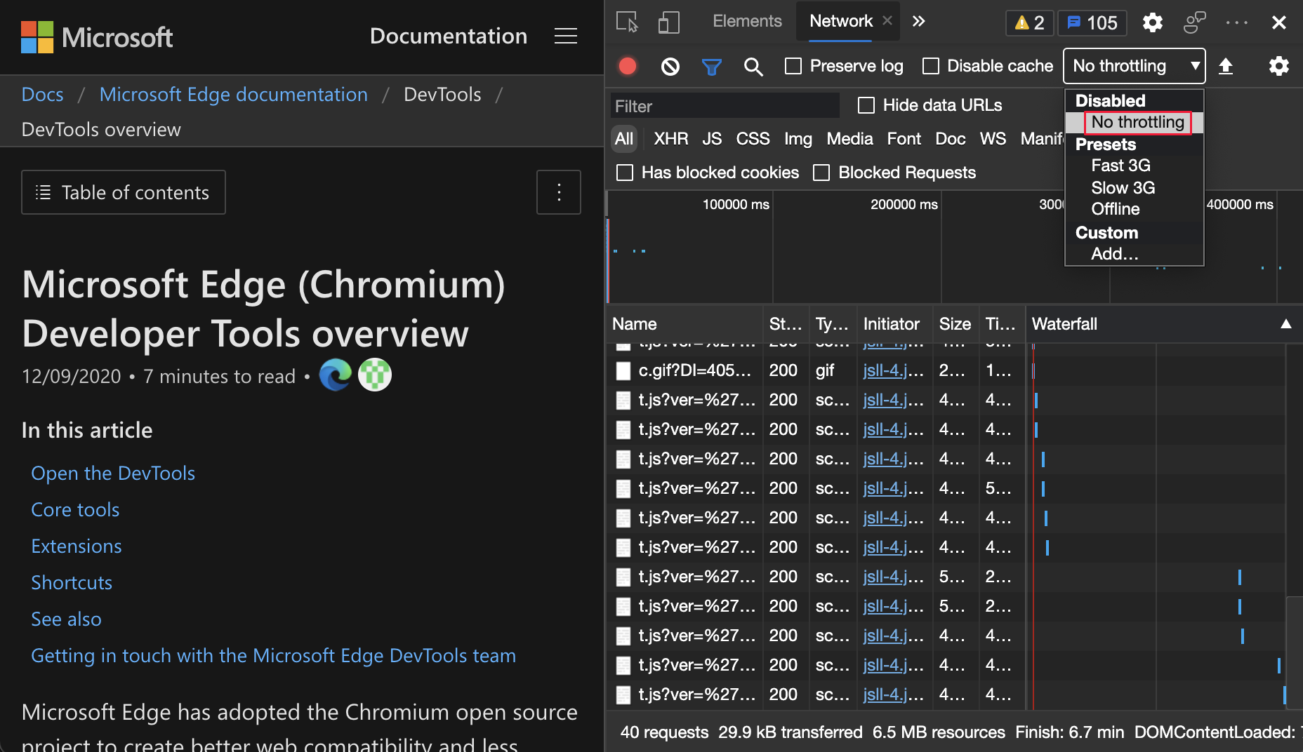 Edge developer. Throttling offline devtools. Dev channel UI MS Edge.