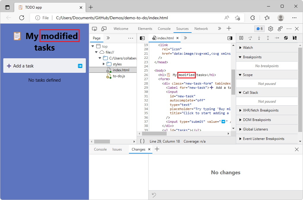Измененная страница демонстрации после сохранения изменений и обновления