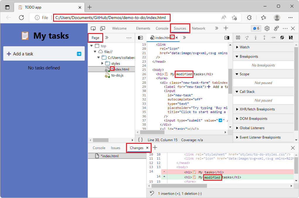Измененная страница демонстрации перед сохранением изменений