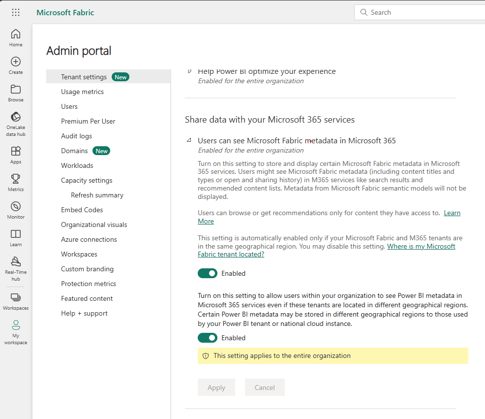Администратор PowerBI — параметры поиска