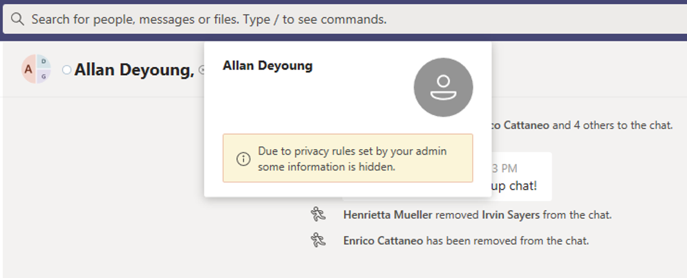 Снимок экрана: Teams оповещает пользователя о том, что политика предотвращает отображение информации другого пользователя.