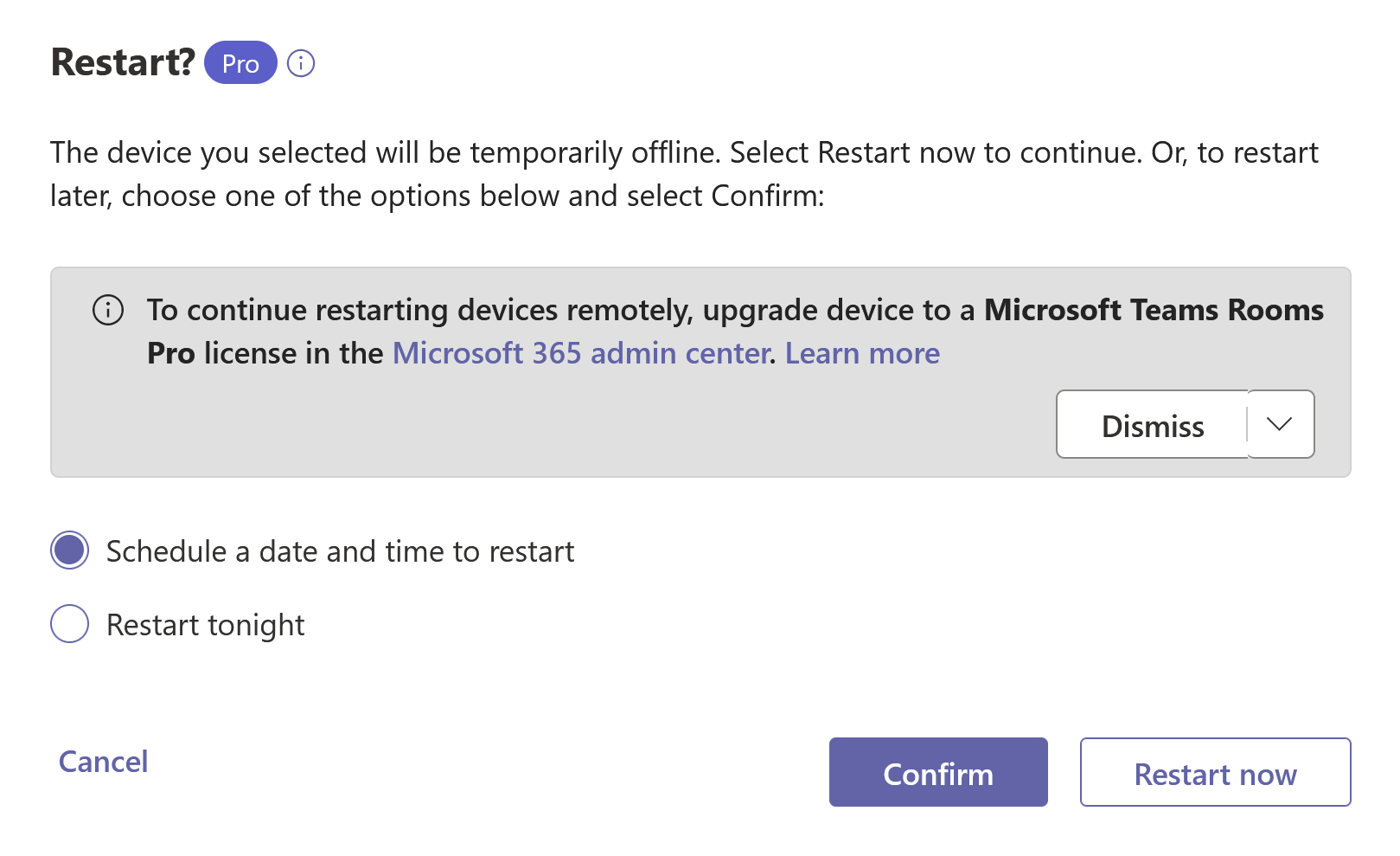 Комнаты Teams диалоговое окно перезапуска устройства со значком Pro.