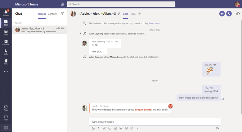 Пользователь в Teams, объясняющий сообщения, удаляются в результате политики хранения Teams.