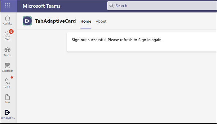 Снимок экрана: tabAdaptiveCard с сообщением об успешном выходе.