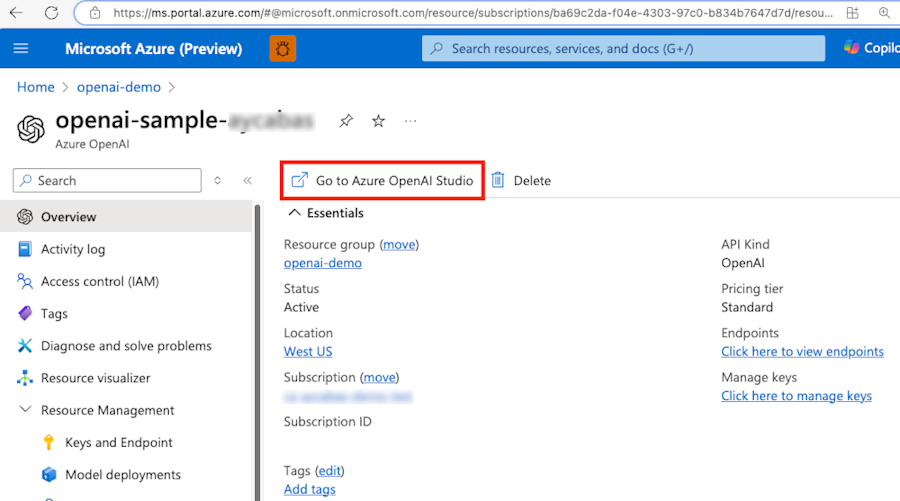 Снимок экрана: переход в Azure OpenAI Studio на портале Azure.