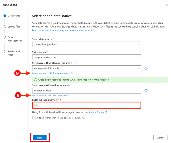 Снимок экрана: создание источника данных на портале Azure.