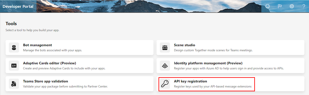 Снимок экрана: параметр регистрации ключа API на портале разработчика для Teams.