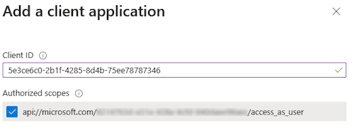 Снимок экрана: параметр Идентификатор клиента и Авторизованные области для добавления клиентского приложения в приложение на портале Azure. Добавление клиентского приложения
