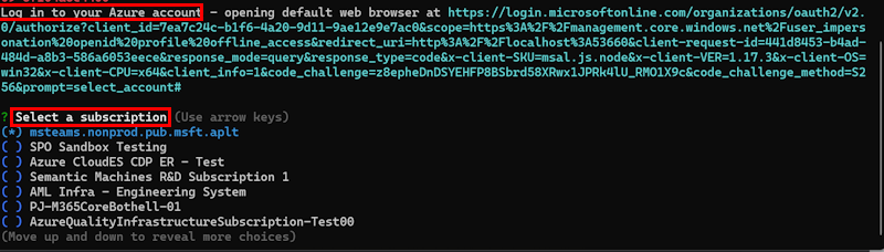 Снимок экрана: вход в Azure и выбор подписки в окне CLI.