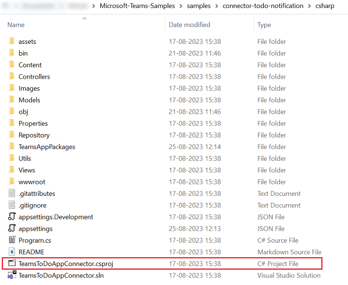 Снимок экрана клонированного репозитория с выделенным красным цветом TeamsToDoAppConnector.csproj.