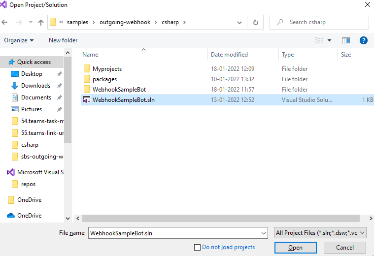 Снимок экрана: выбор WebhookSampleBot.sln из папки csharp.