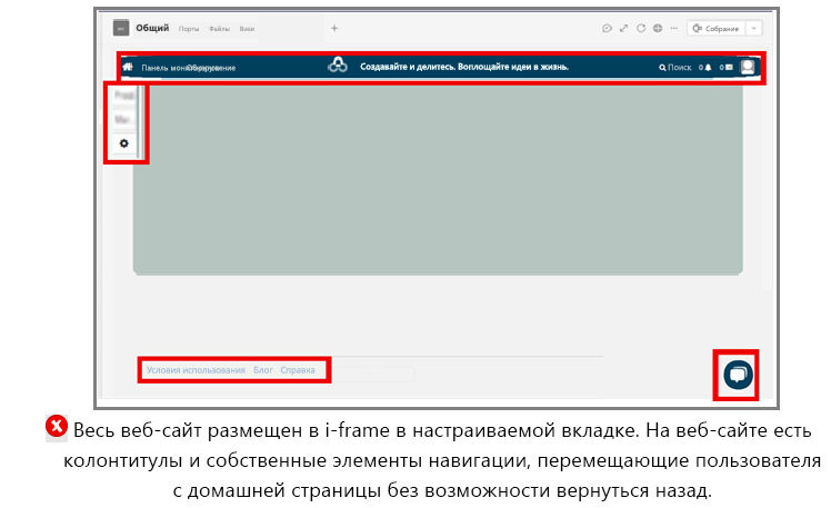 На рисунке показан пример приложения со всем веб-сайтом в I-фрейме без параметра back.