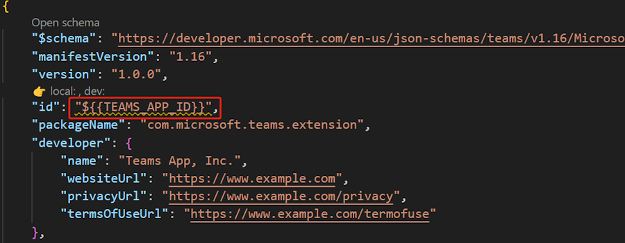 Снимок экрана: идентификатор приложения Teams в файле манифеста.