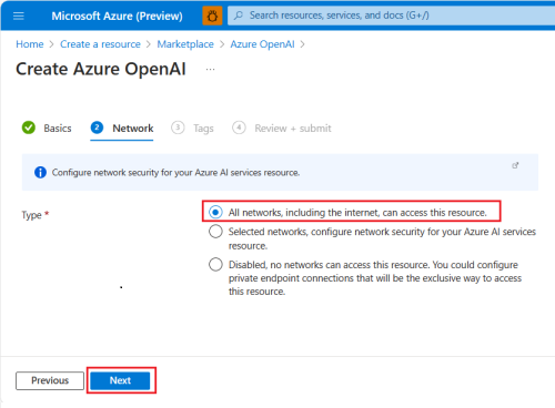 Снимок экрана: сведения о сети открытого ИИ Azure.