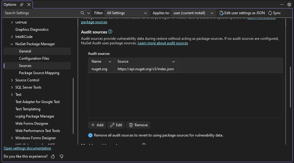 Источник аудита, настроенный для nuget.org