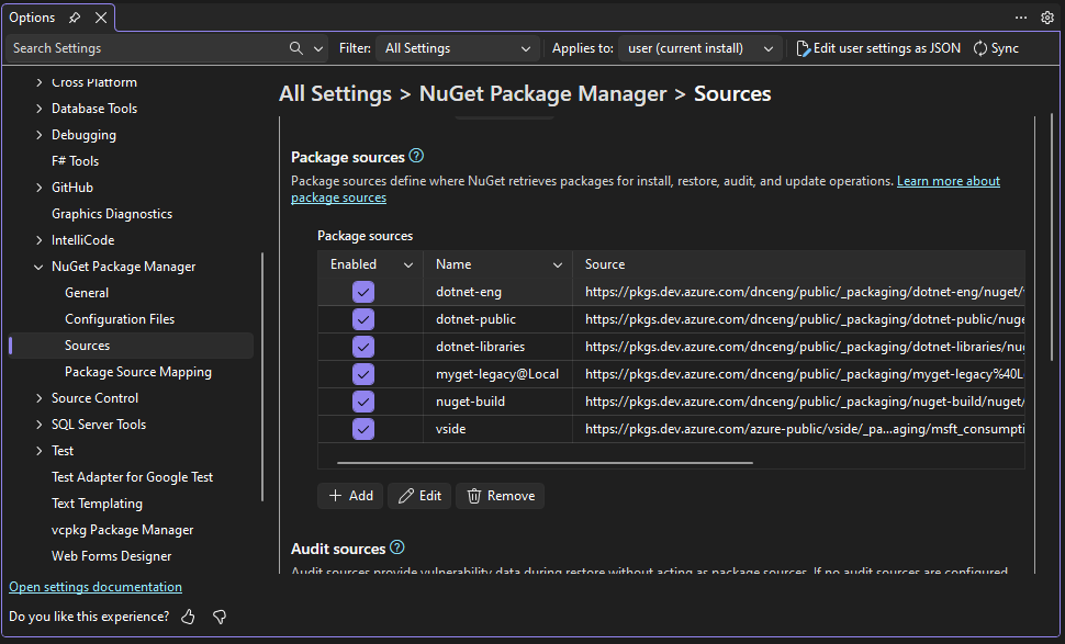Страница источников параметров NuGet