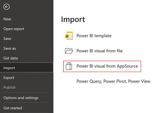 Снимок экрана: получение доступа к визуализациям Power BI в AppSource из меню 